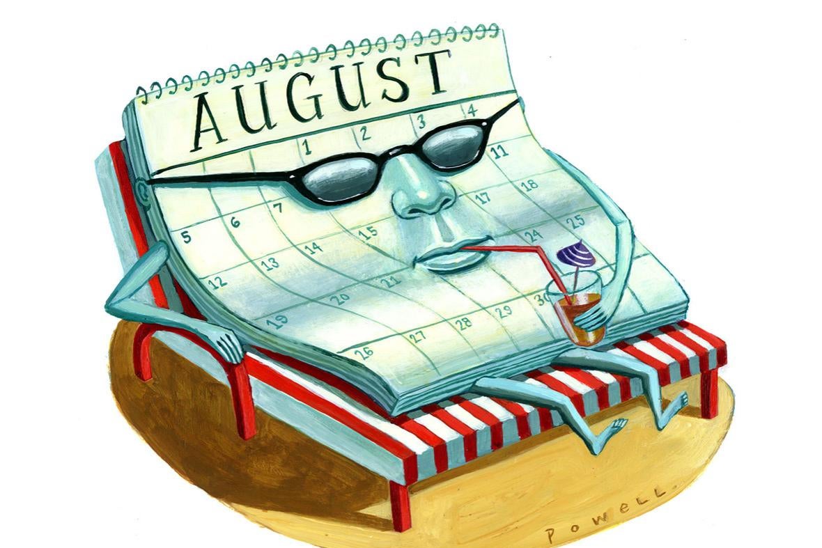 Illustration of a calendar kicking back on a lawn chair while wearing sunglasses and drinking something cold.