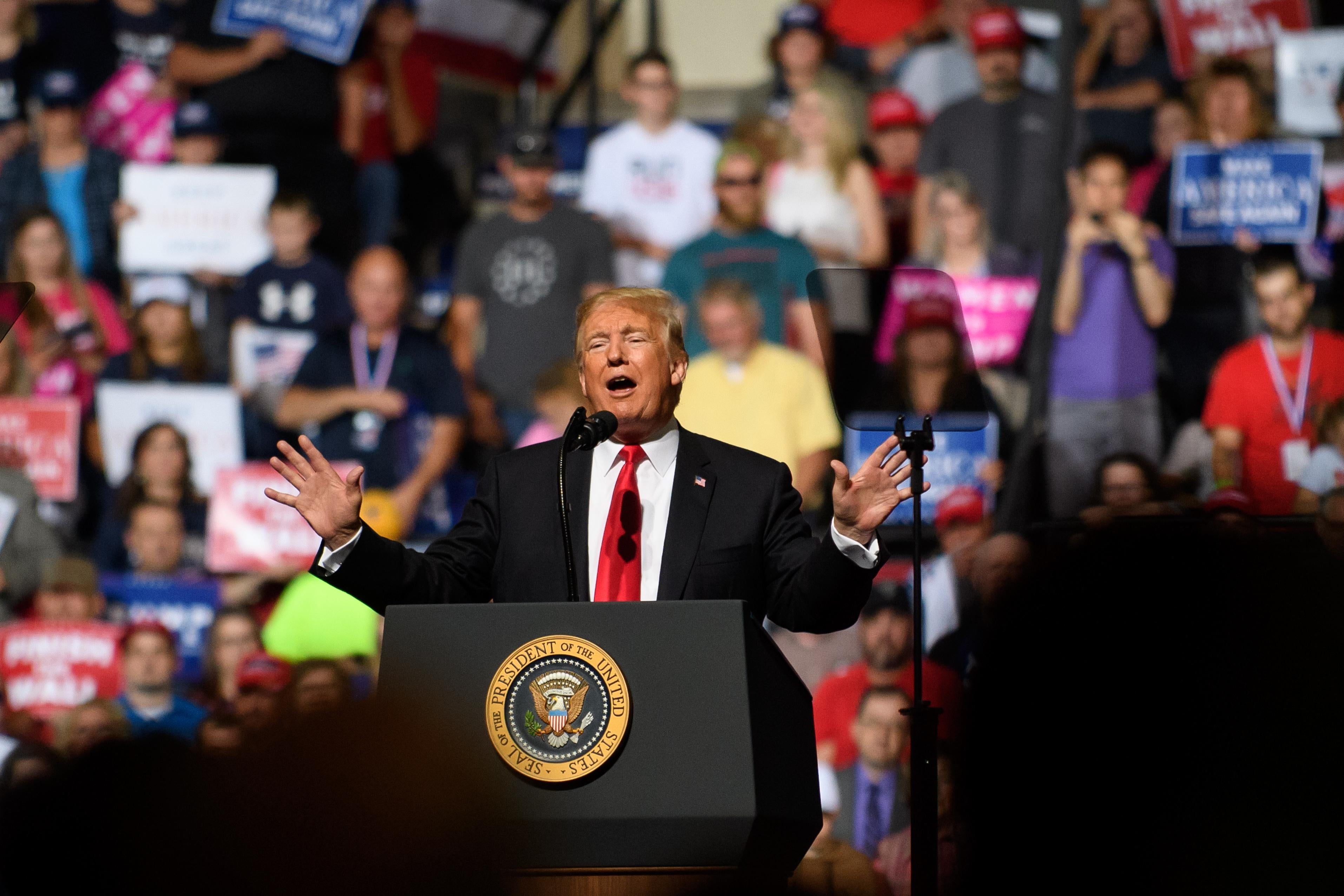President Donald J. Trump speaks to supporters at a rally inside the WesBanco Arena on September 29, 2018 in Wheeling, West Virginia. 