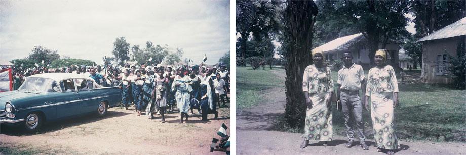 An independence Day parade. Local dignitaries ride in the car, as women walk behind, singing and dancing. Hope for the new nation was strong, and the country’s leaders promised a new, better, independent future. The joy and optimism you see here has largely dissipated, the victim of widespread corruption, mismanagement, tribalism, and military dictatorships (l).A young man stands with two women in matching outfits. The scenery behind them is well-kept. Note the cut stone corner on the building to the right, a sure sign of Western construction preferences.