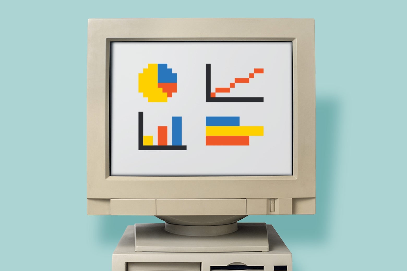 A computer with pixelated images of graphs (line graph, pie chart, bar graph). 