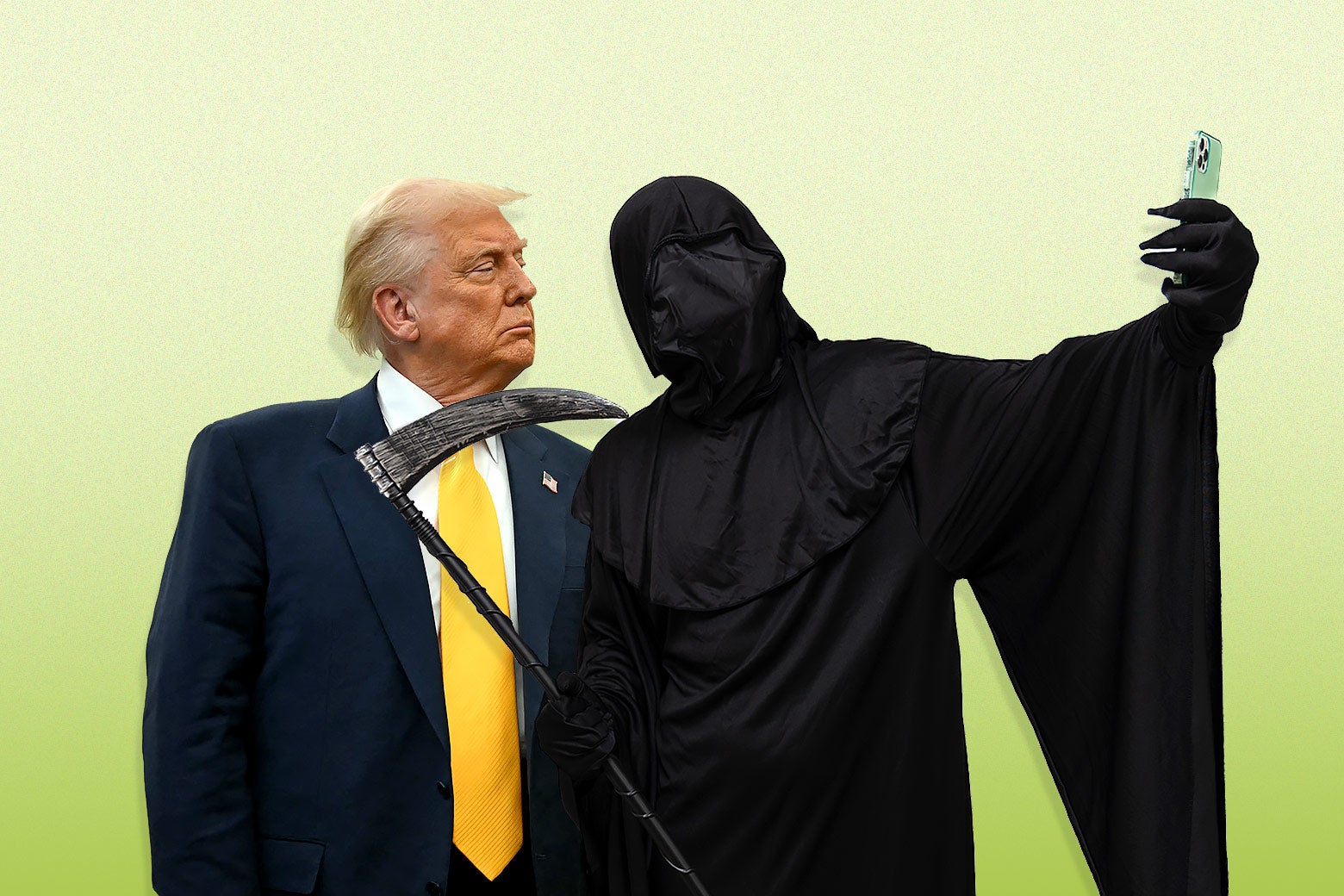 En una ilustración fotográfica, Donald Trump aparece junto a la parca, que posa para una selfie.