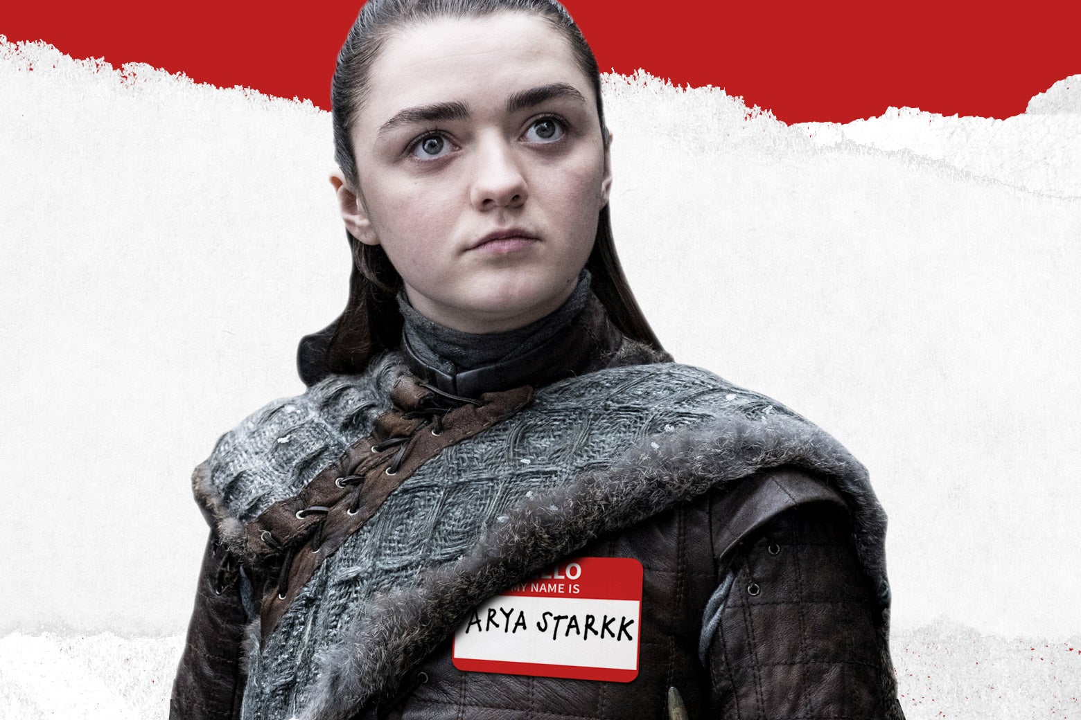 Arya Stark wearing a nametag.