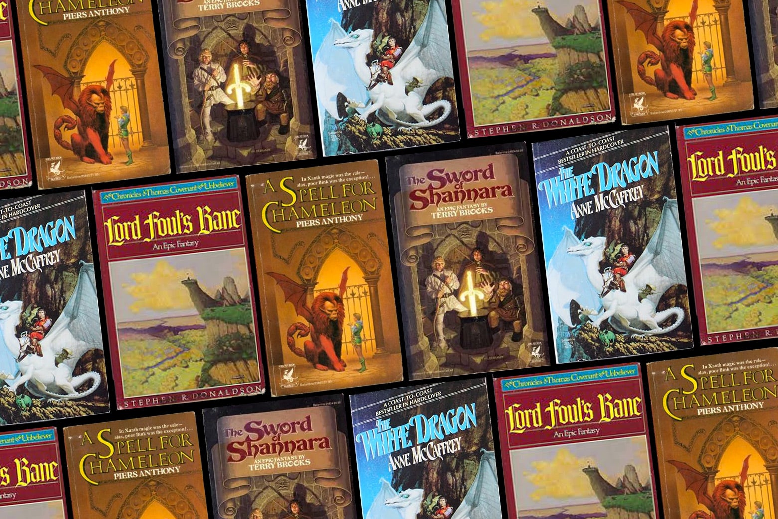 A collage of the covers of mentioned books including The Sword of Shannara and the Xanth series. 