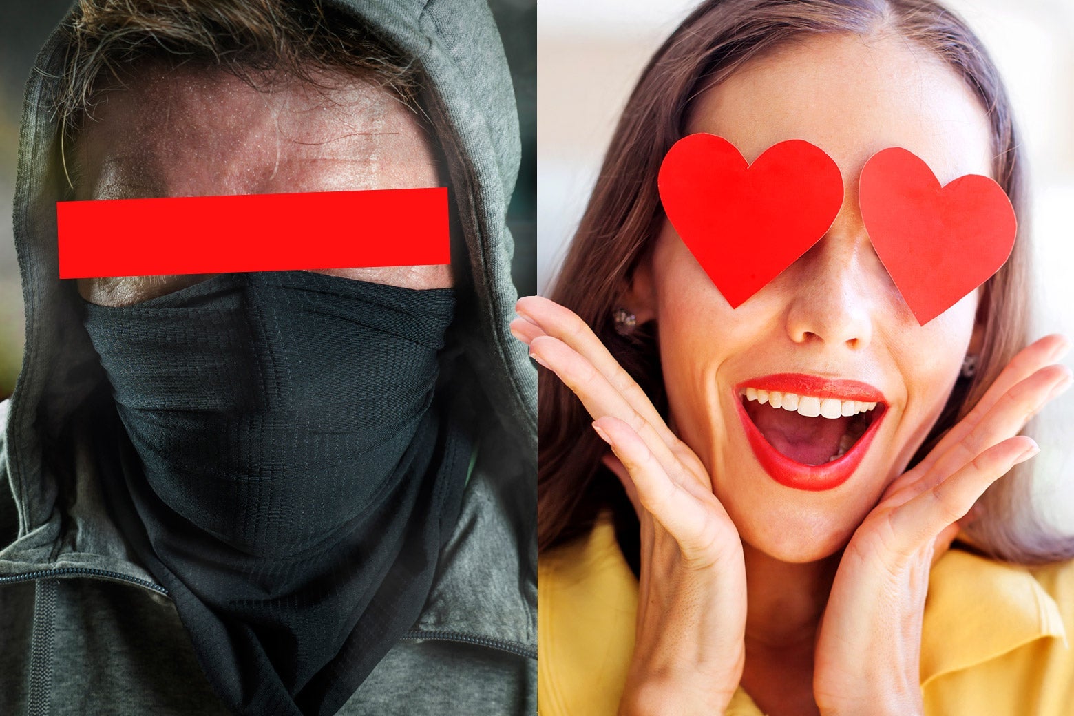 A masked and hooded antifa member and a woman with hearts over her eyes and her hands on her face.