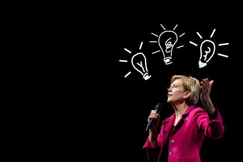 Elizabeth Warren speaks some policy, with drawn lightbulbs going off over her head.