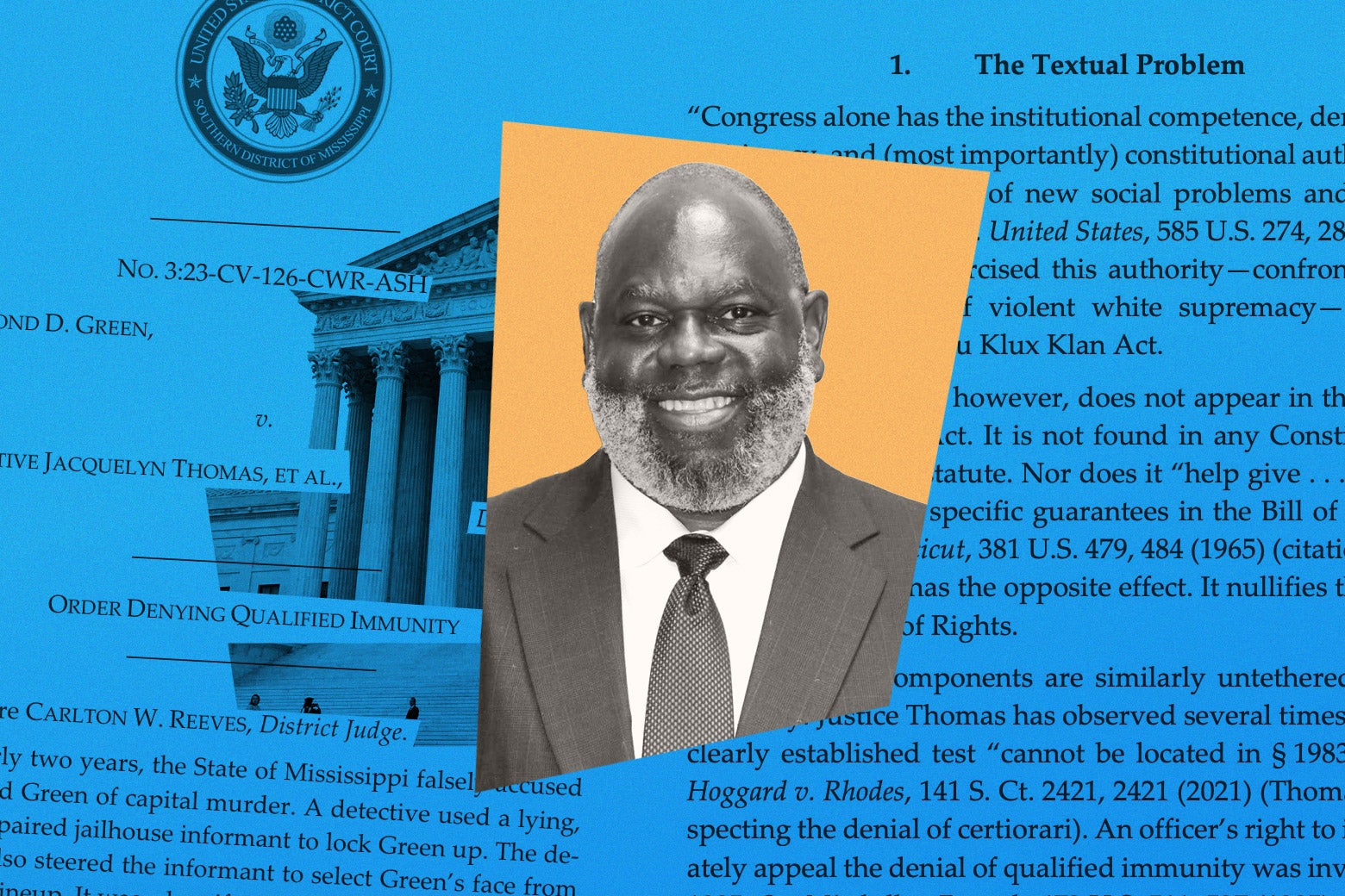 A photo collage combining an image of Judge Carlton Reeves, excerpts from his opinion, and the Supreme Court building.