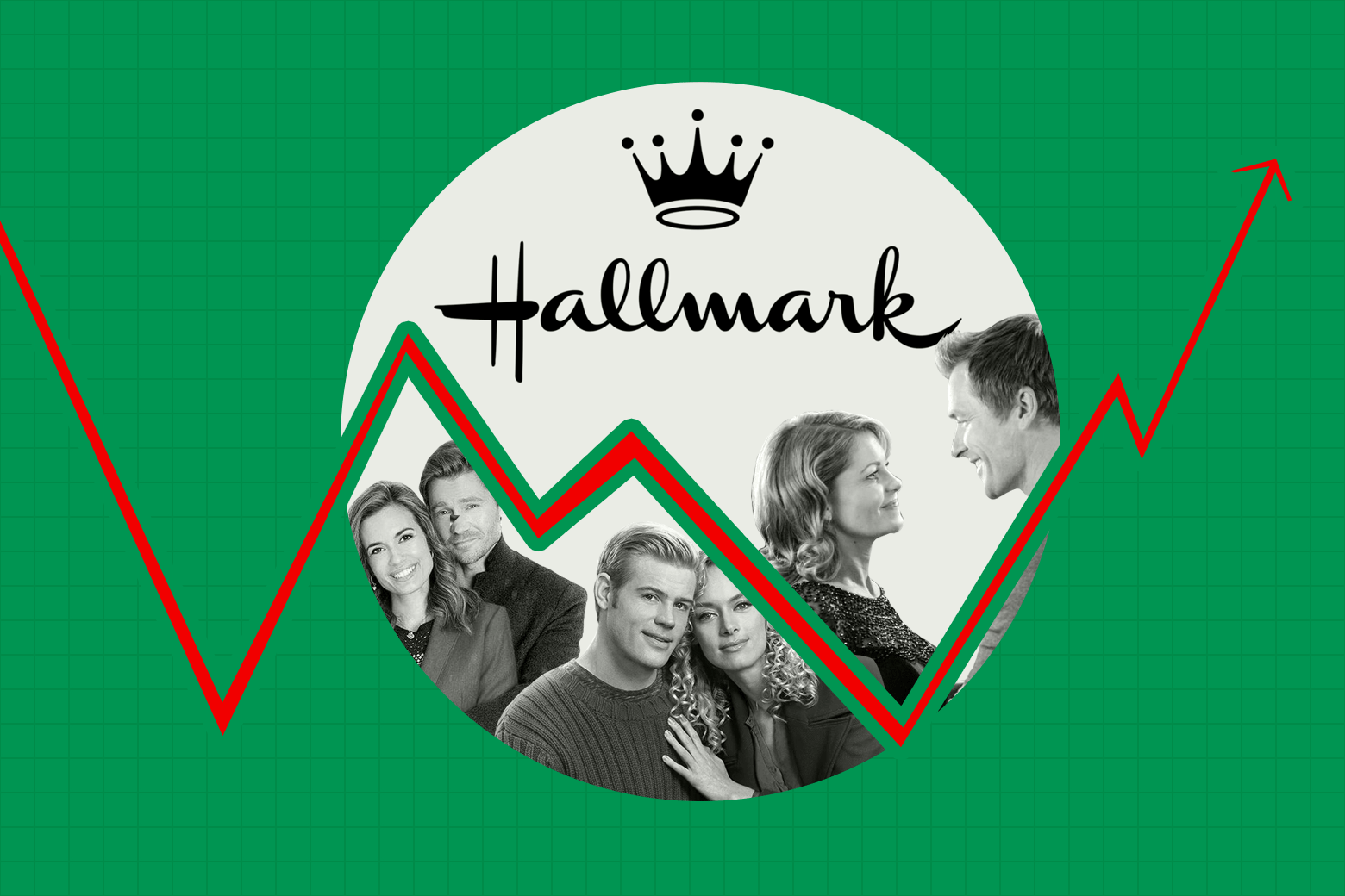 Hallmark crown logo above three happy white hetero couples from Hallmark movies