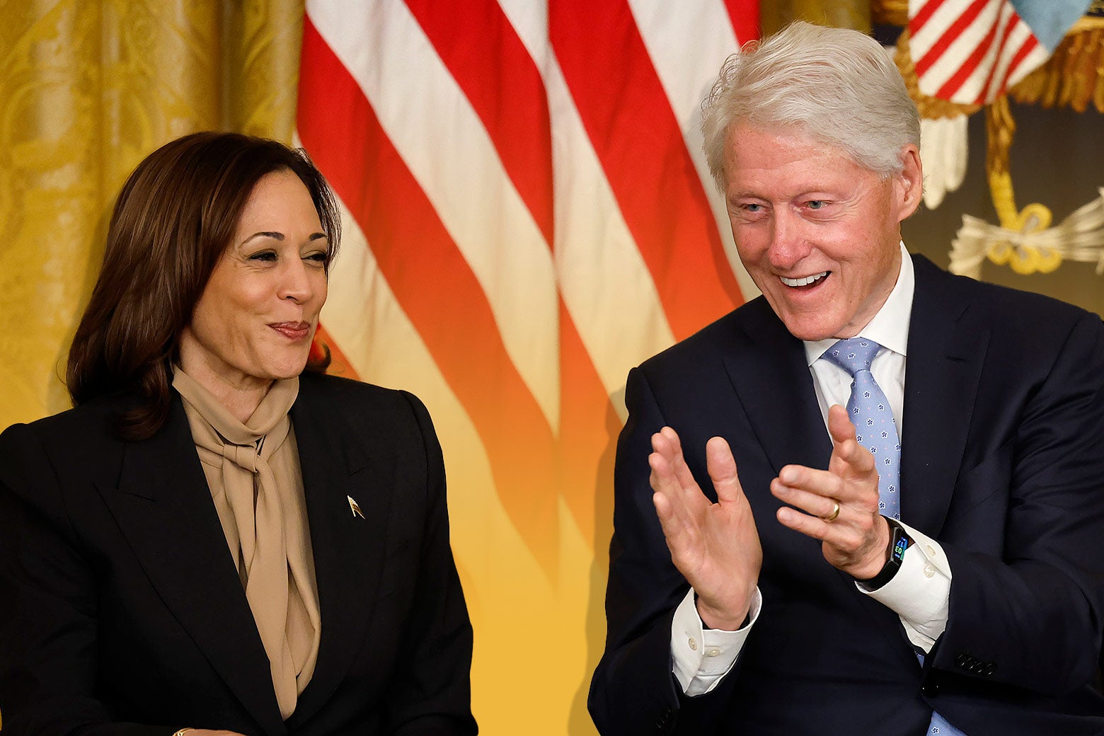 Left: Kamala Harris purses her lips. Right: Bill Clinton claps and grins.