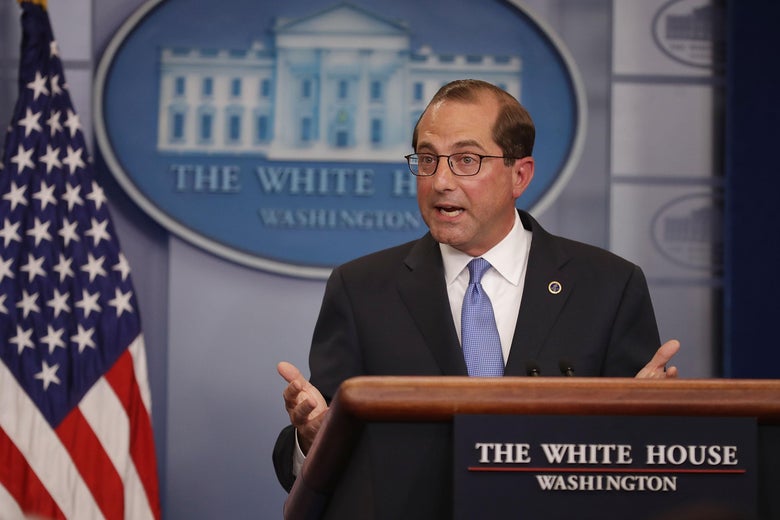 WASHINGTON, DC - MAY 11:  U.S. Health and Human Services Secretary Alex Azar takes questions from reporters in the Brady Press Briefing Room at the White House May 11, 2018 in Washington, DC. Earlier in the day, Azar joined President Donald Trump to announce a 'blueprint' for lowering prescription drug prices.  (Photo by Chip Somodevilla/Getty Images)