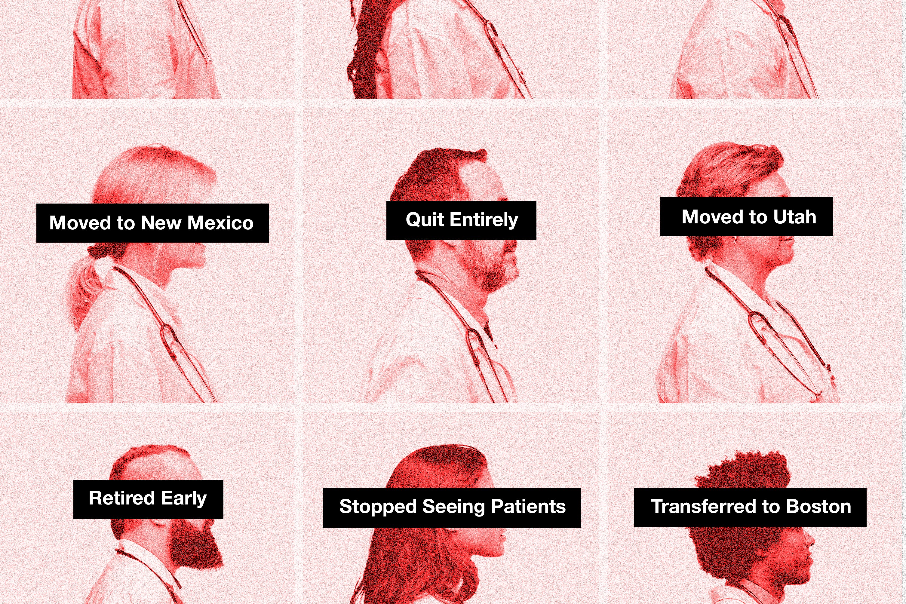 Grid of doctor portraits with messages obscuring their faces.