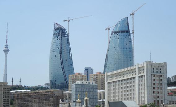 The fire towers under construction are pictured on June 8, 2011 in Baku, Azerbaijan.