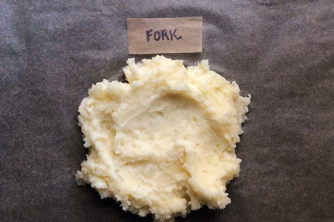 A dollop of mashed potatoes labeled Fork.
