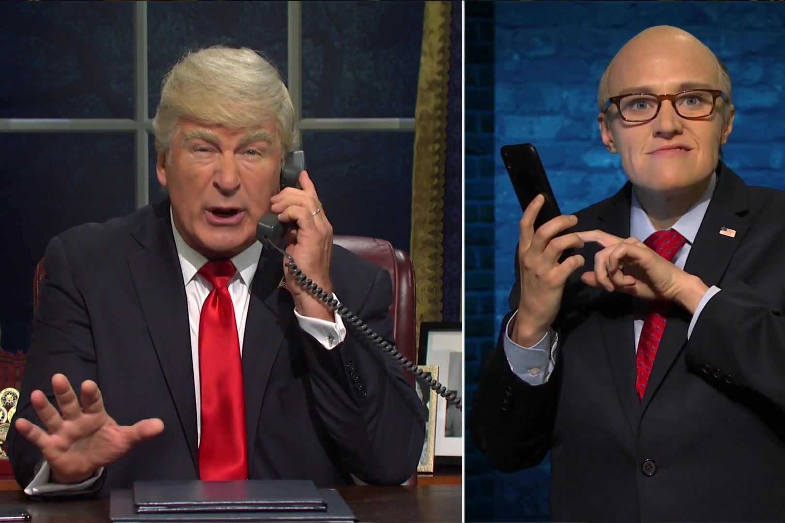 Alec Baldwin, as Donald Trump, talks to Kate McKinnon as Rudy Giuliani, in a split screen image from Saturday Night Live.