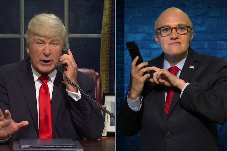 Alec Baldwin, as Donald Trump, talks to Kate McKinnon as Rudy Giuliani, in a split screen image from Saturday Night Live.