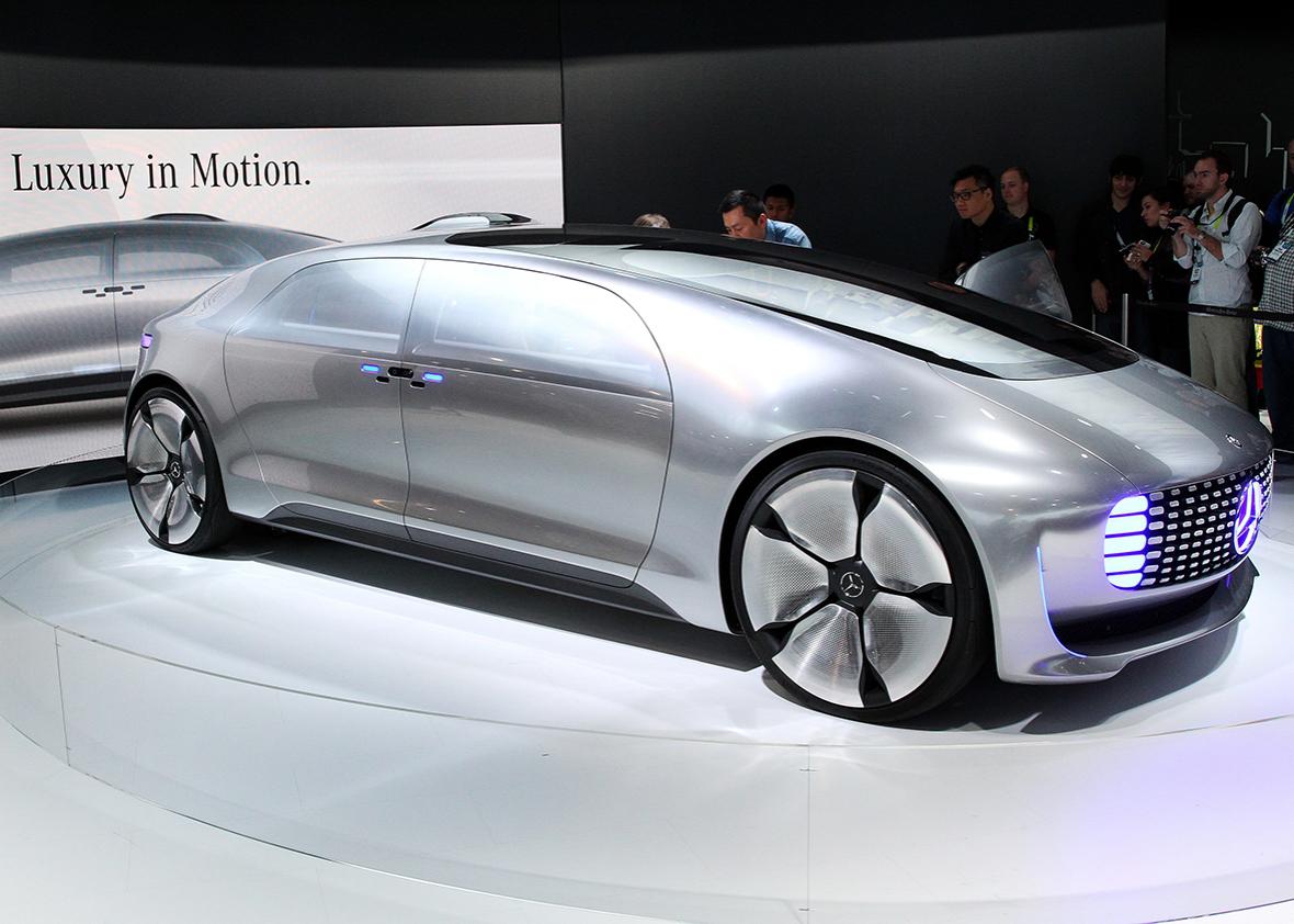 The Mercedes-Benz F015 Luxury in Motion concept car, a self-driving, hydrogen-electric plug-in hybrid, makes its debut at the 2015 International Consumer Electronics Show. 