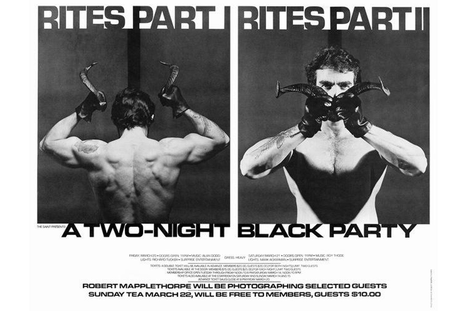 Flyer reads "BITES PART I" and "BITES PART II" over photos of a topless man holding devil horns, and below: "A TWO-NIGHT BLACK PARTY."