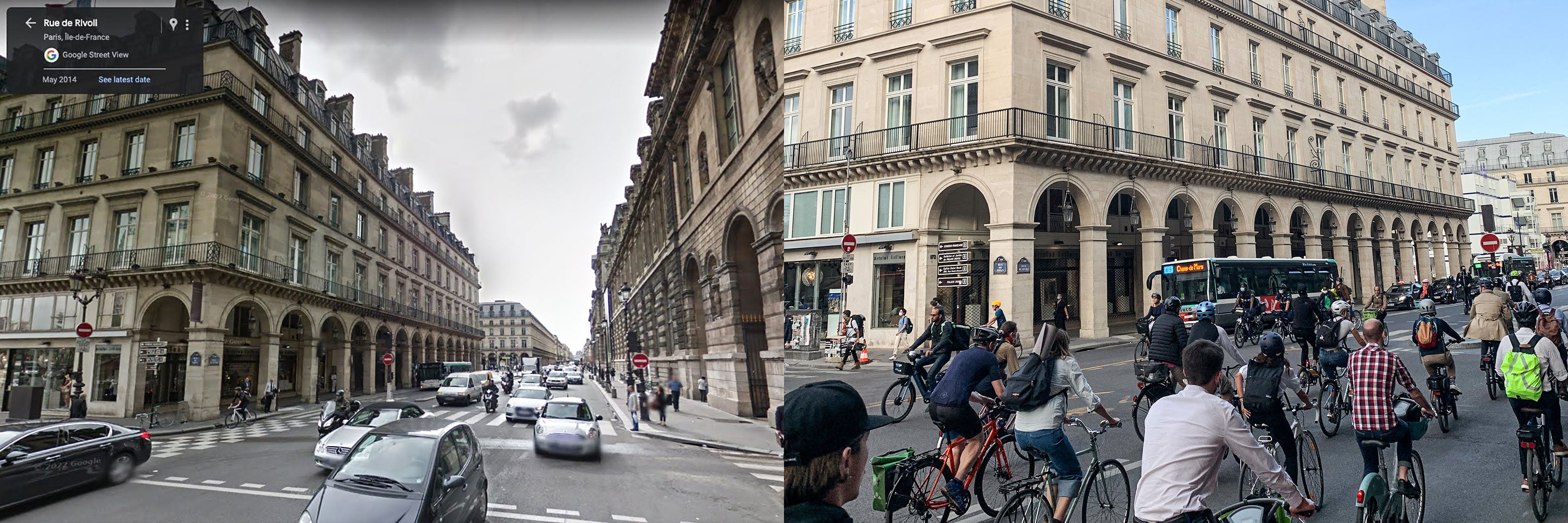 A 2014 photo of the heavily trafficked Rue de Rivoli filled entirely with cars, and a 2023 photo of the same block filled mostly with bikes.