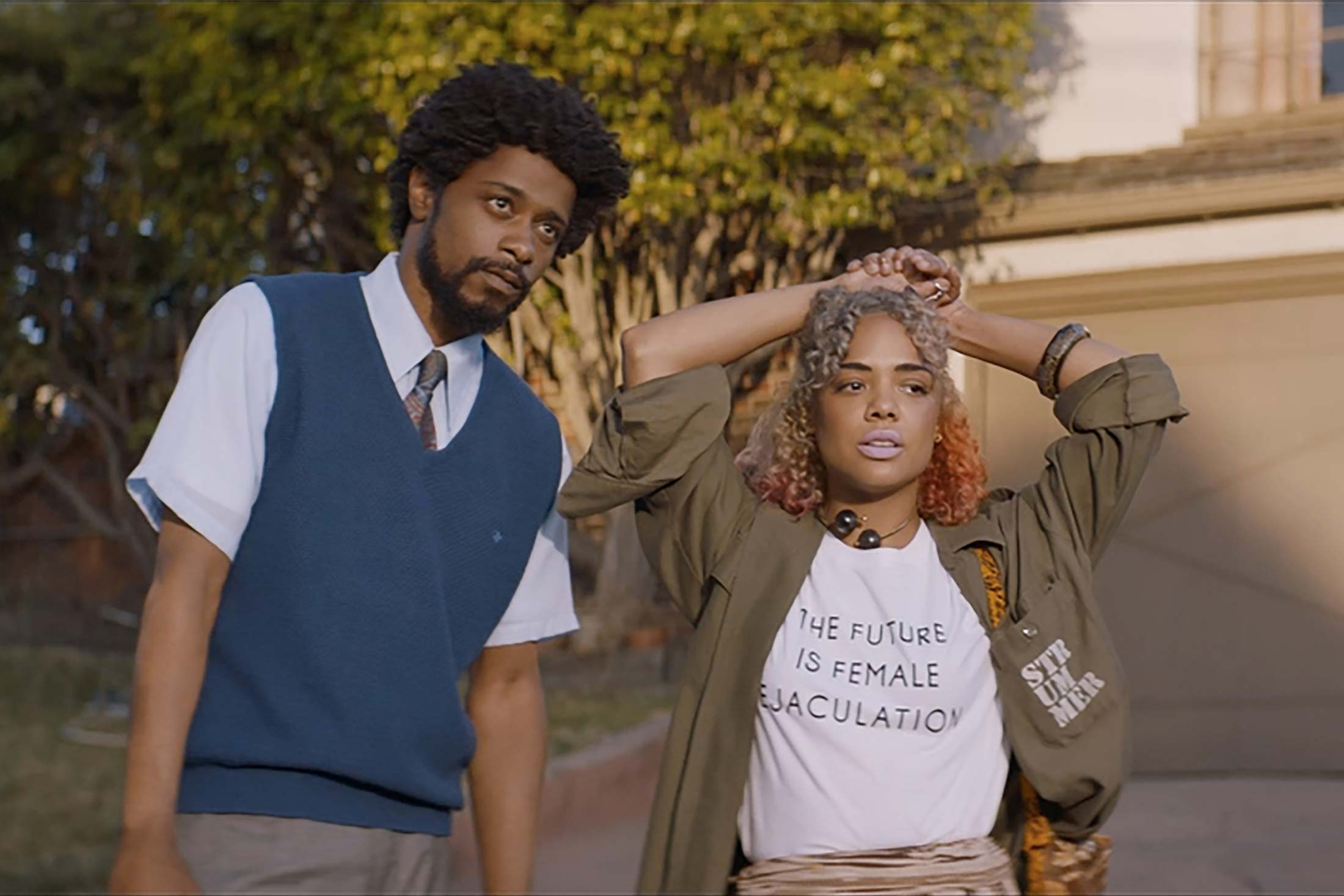 Lakeith Stanfield and Tessa Thompson in Sorry to Bother You. 