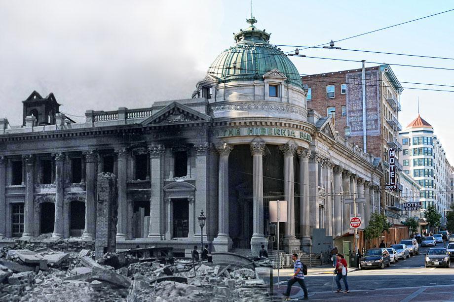 Pedestrians cross Jones Street toward a pile of rubble on Market Street. The Hibernia Bank building is burned out, but still standing strong.