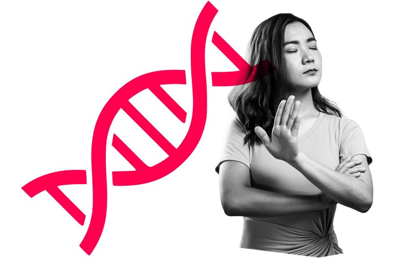 A graphic of a DNA strand and a woman holding up her hand and closing her eyes.