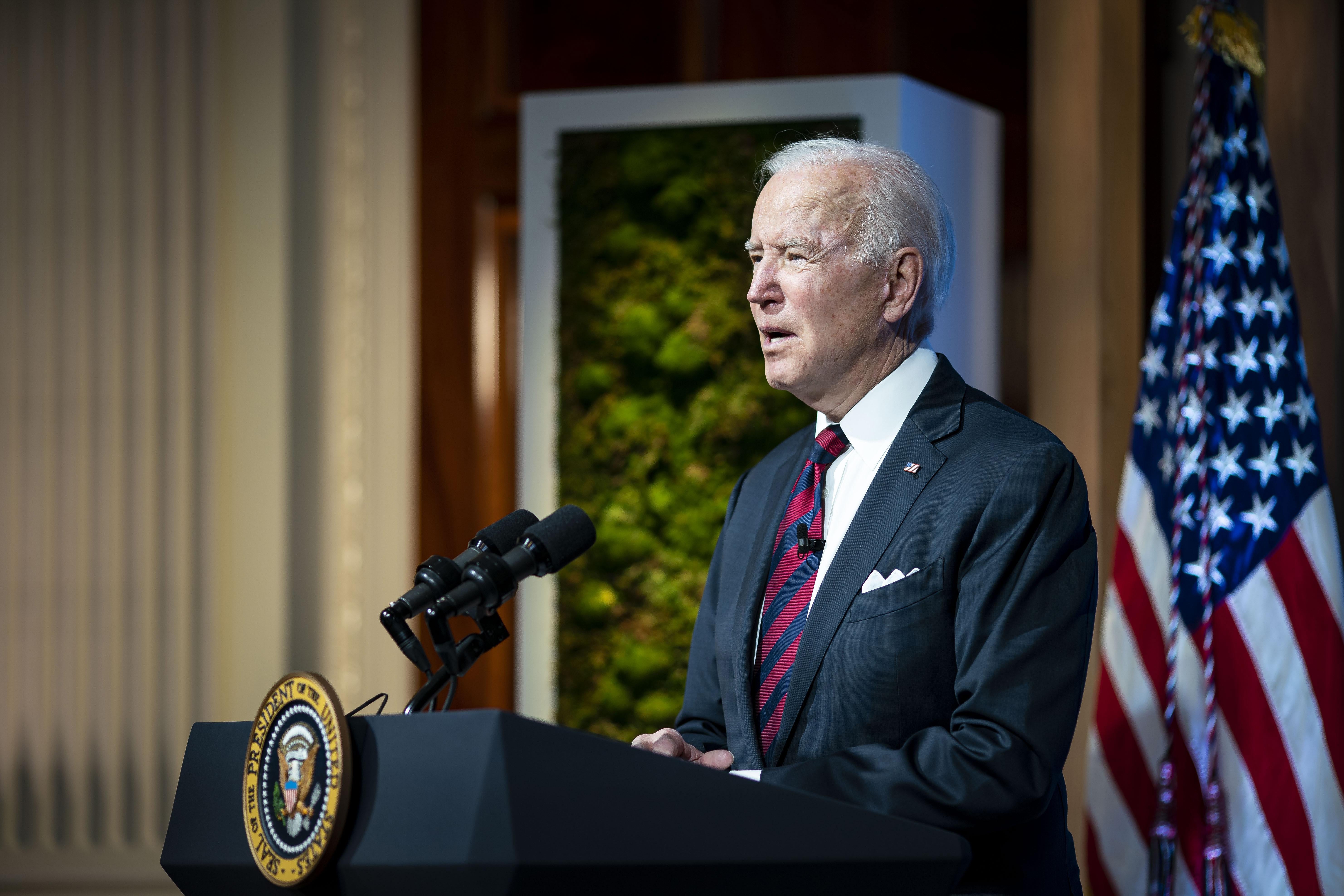 WASHINGTON, DC - APRIL 22: U.S. President Joe Biden delivers remarks during a virtual Leaders Summit on Climate with 40 world leaders at the East Room of the White House April 22, 2021 in Washington, DC. President pledged to cut greenhouse gas emissions by half by 2030. (Photo by Al Drago-Pool/Getty Images)