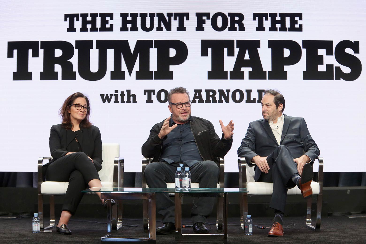 Viceland's Nomi Ernst Leidner, Tom Arnold, and executive producer Jonathan Karsh discuss The Hunt For The Trump Tapes during the 2018 Summer Television Critics Association Press Tour on July 26 in California.
