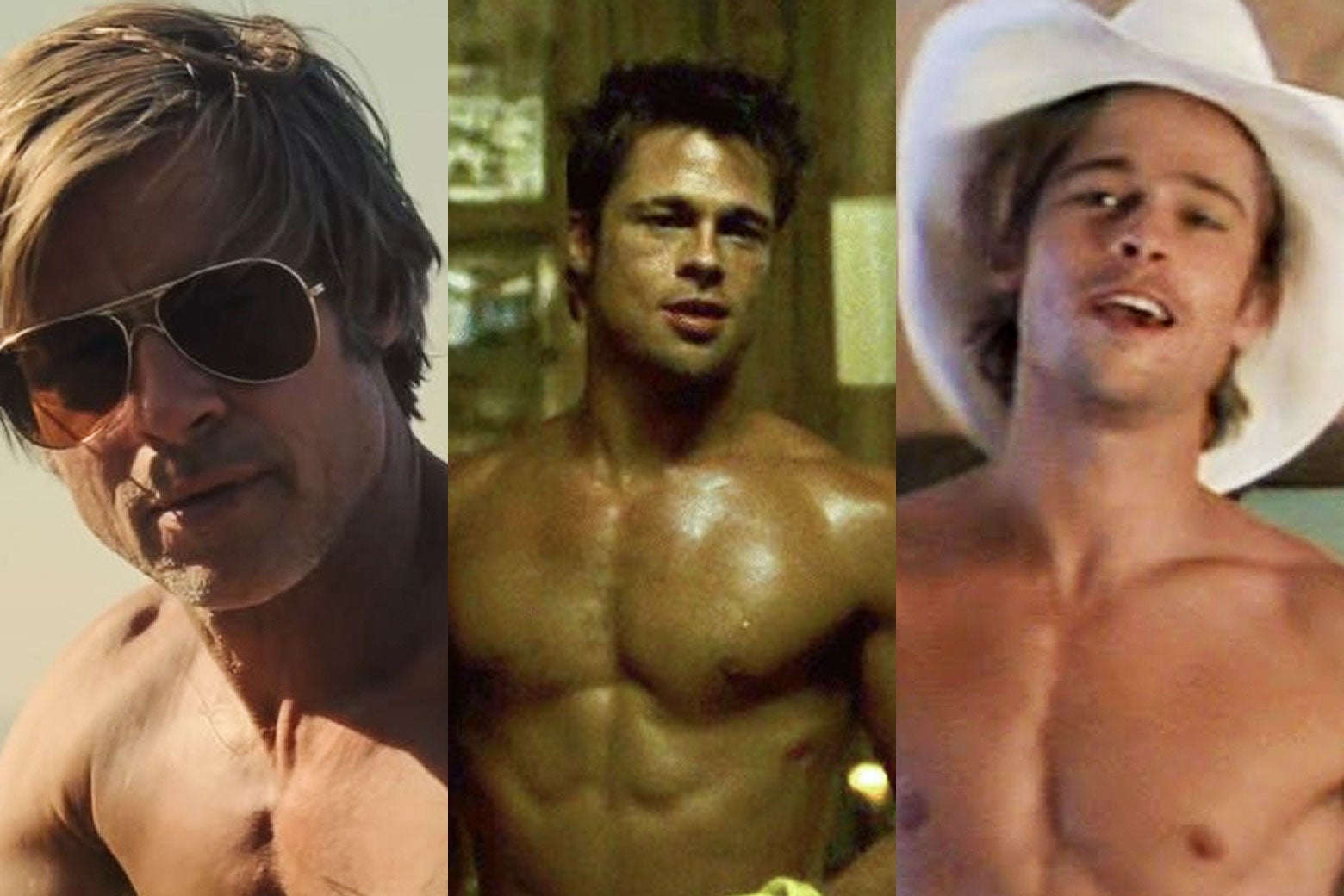 Triptych of Brad Pitt shirtless in Once Upon a Time in Hollywood, Fight Club, and Thelma and Louise.