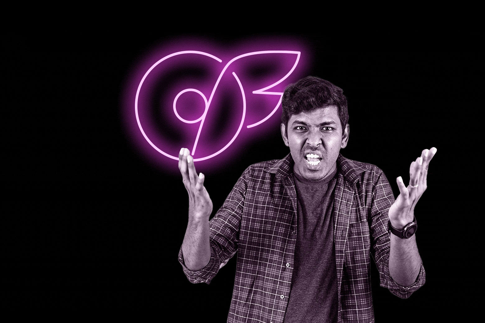 A man looks upset or mad holding his hands up with a neon pink onlyfans logo.