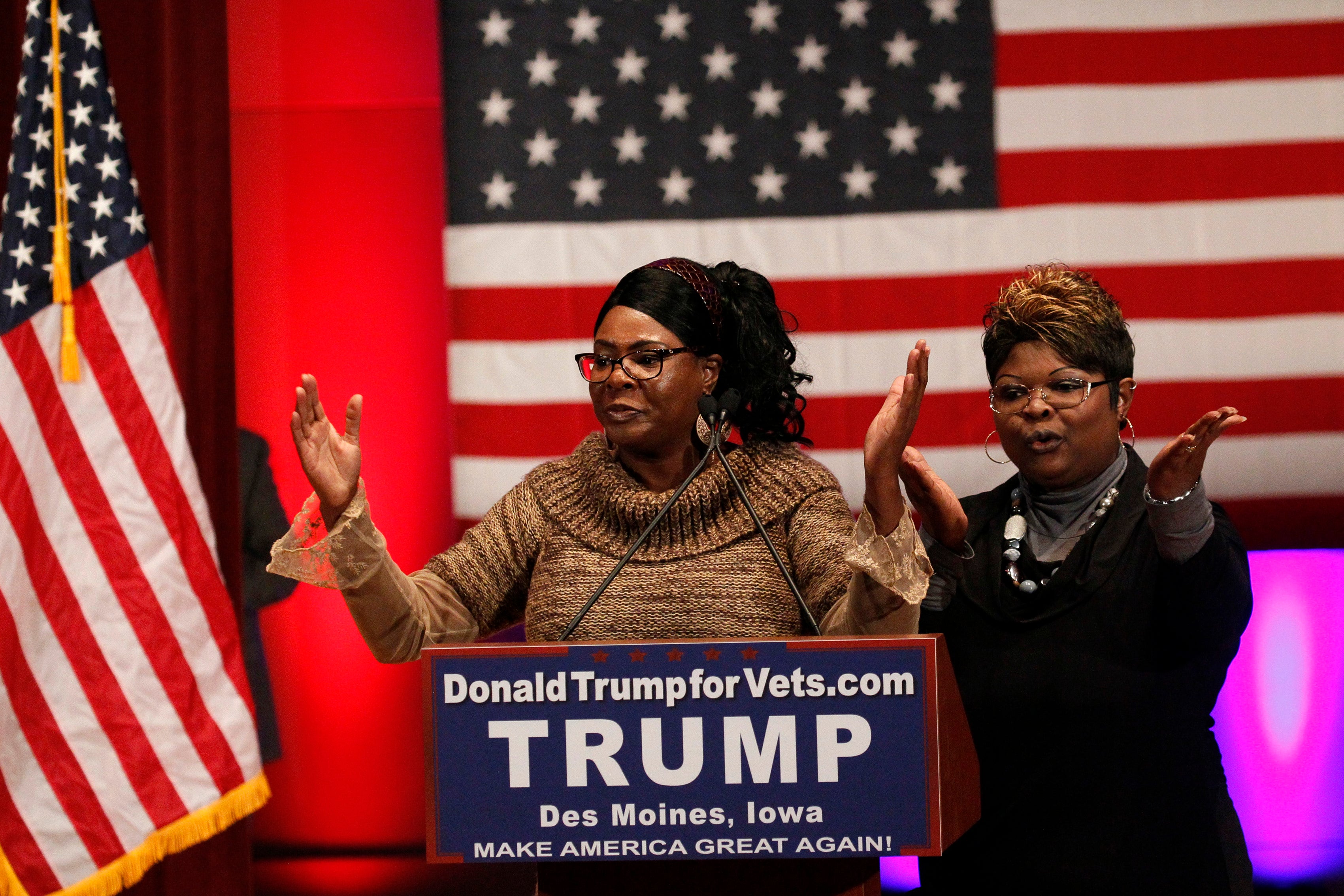 STATESYoutube stars "Diamond & Silk" speak in support of Republican presidential candidate Donald Trump onstage beforeTrump's speech at a veterans rally in Des Moines, Iowa.