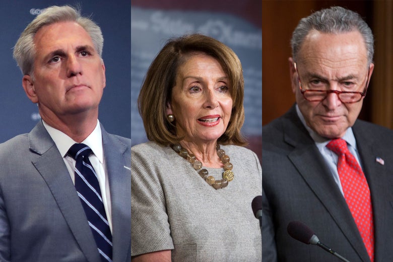 Side-by-side photos of House Minority Leader Kevin McCarthy, House Speaker Nancy Pelosi, Senate Minority Leader Chuck Schumer.
