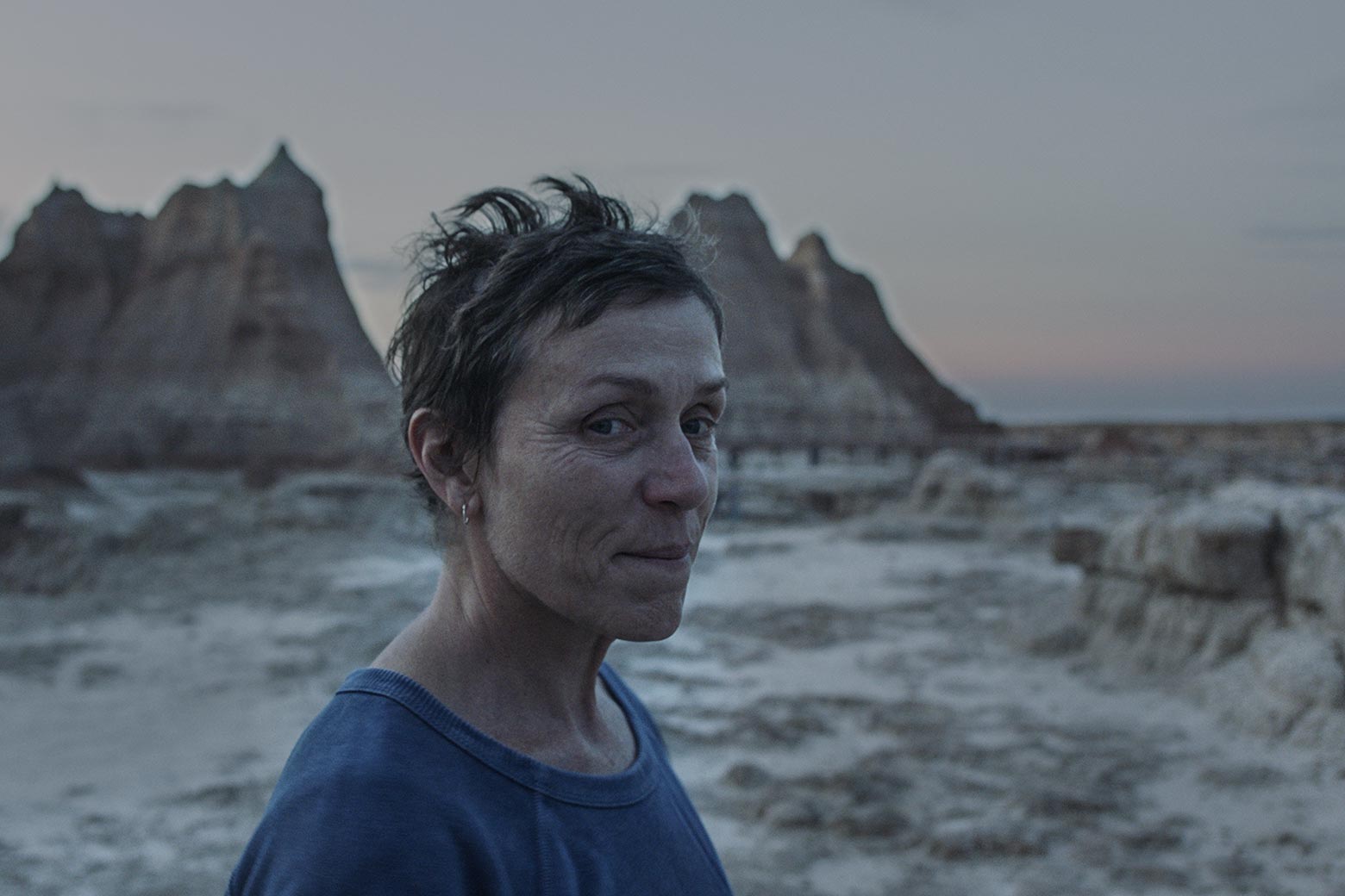 McDormand as Fern, smiling slightly as she stands in a desert landscape at sunset.