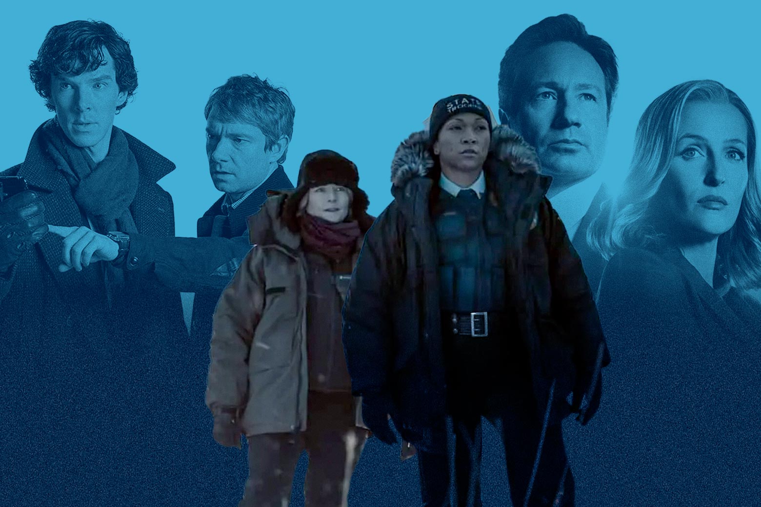 Detectives Danvers and Navarro stand together, in front of a blue collage of other detective duos, including Holmes and Watson and Scully and Mulder.