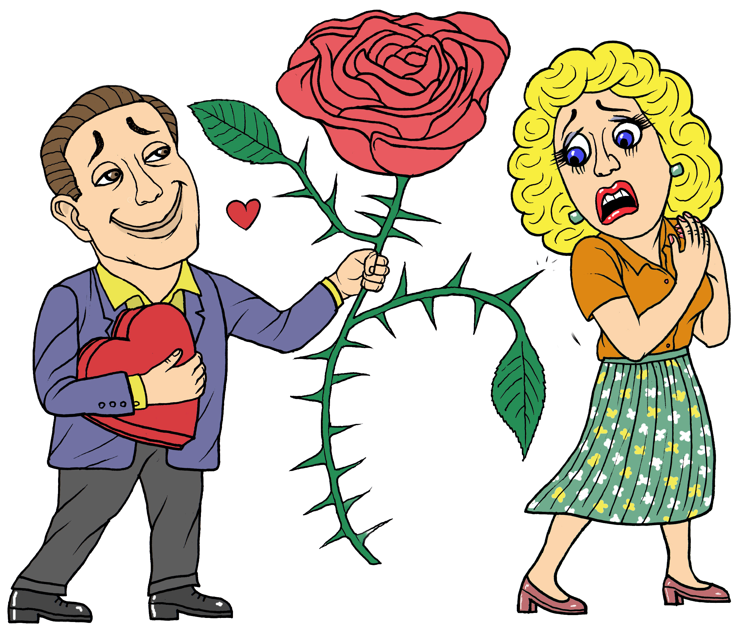 Man holding a rose with thorns up to a woman.