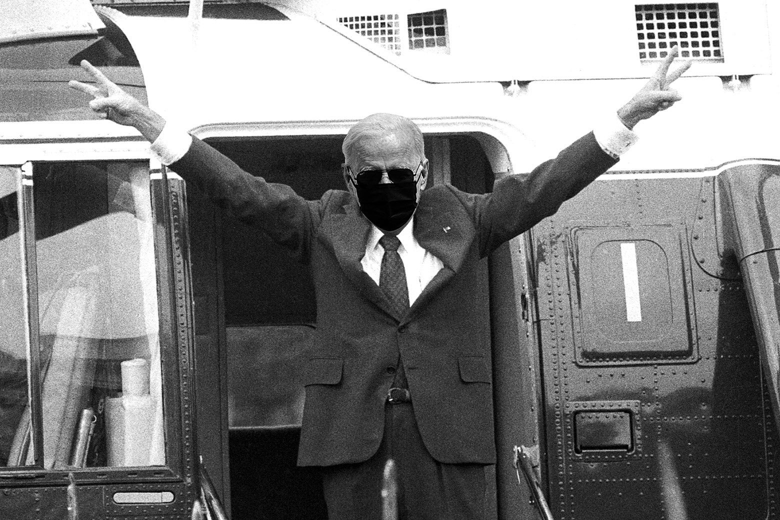 The famous image of Richard Nixon flashing peace signs while boarding a helicopter after resigning the presidency, except Nixon's face has been replaced by Biden's wearing aviator sunglasses and a black COVID mask