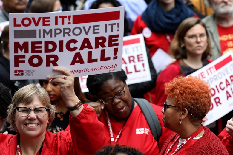 Protesters supporting “Medicare for all” hold a rally outside PhRMA headquarters on April 29, 2019 in Washington, DC. 
