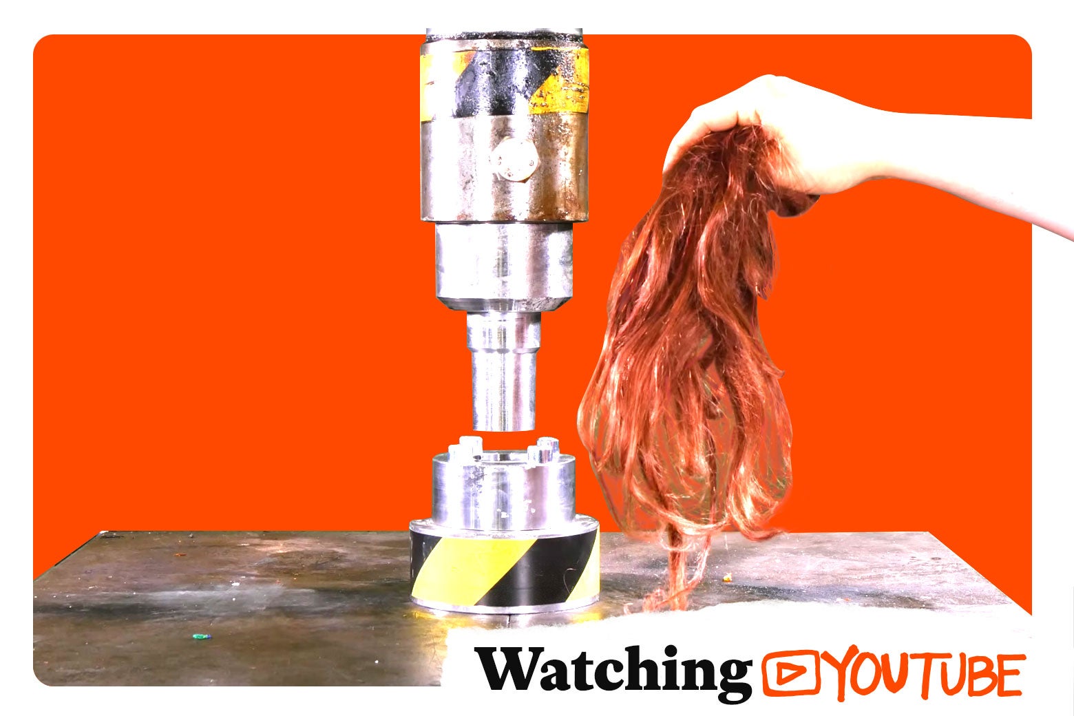 Photo illustration: a still from the Hydraulic Press YouTube channel with the Watching YouTube logo superimposed.