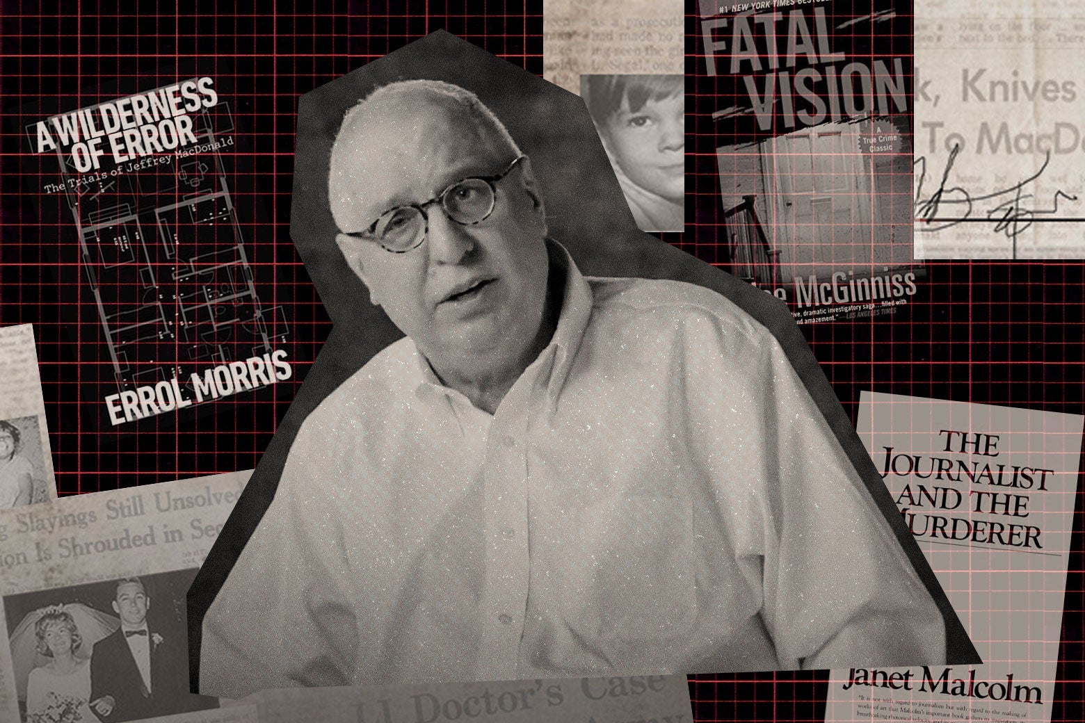 Errol Morris, surrounded by copies of A Wilderness of Error, Fatal Vision, and The Journalist and the Murderer, along with a newspaper and other photos and documents.
