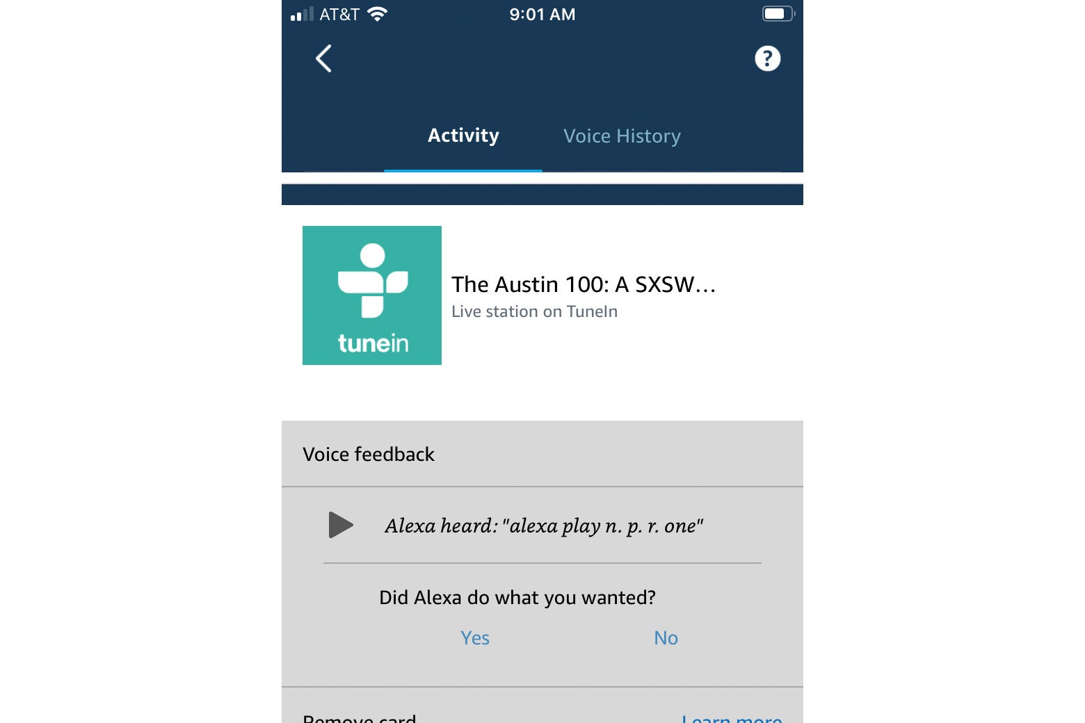A screenshot from the Echo app shows it heard "Alexa play NPR One" but the action taken was playing The Austin 100.