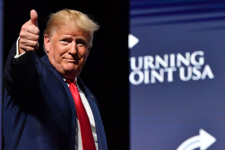 President Donald Trump gestures during the Turning Point USA Student Action Summit at the Palm Beach County Convention Center in West Palm Beach, Florida on December 21, 2019. 