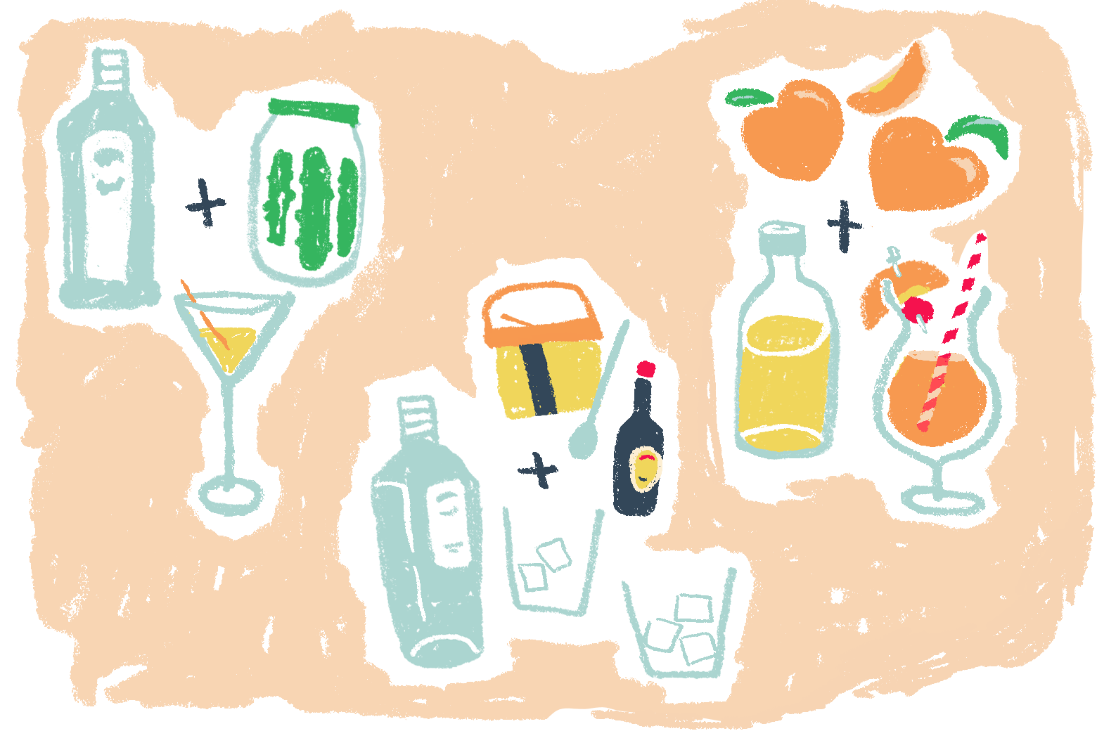 Collage of cocktail glasses and ingredients