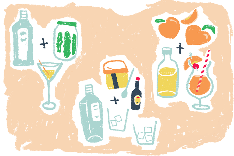 How to make simple cocktails from pantry items: gin, tequila, bourbon, vodka, and rum suggestions.