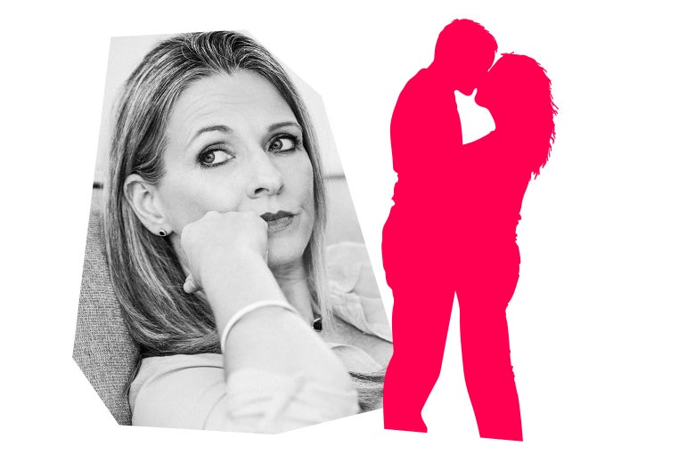 A woman looks to the side beside an illustrated silhouette of a couple kissing.