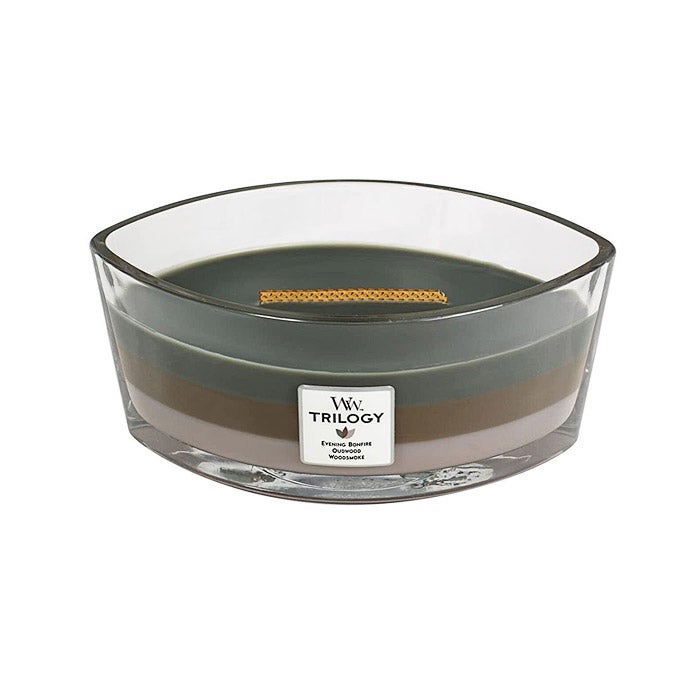 A shallow candle with a wooden wick.