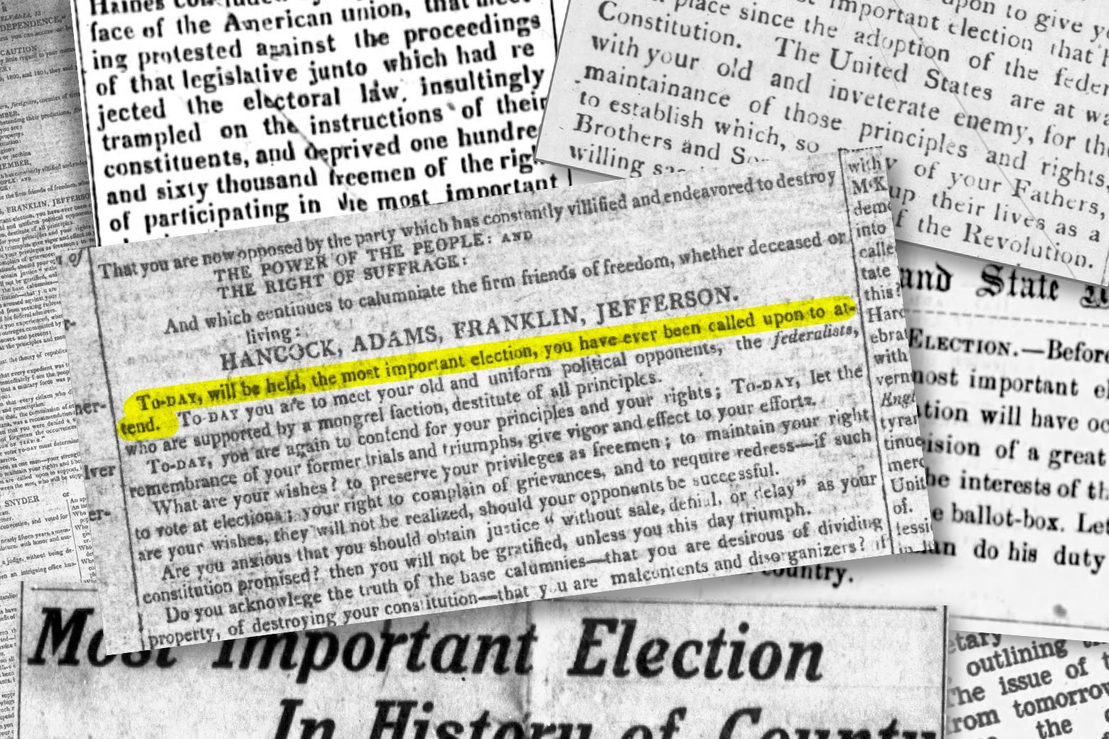 Clips from newspapers declaring several elections "the most important of our lifetime."
