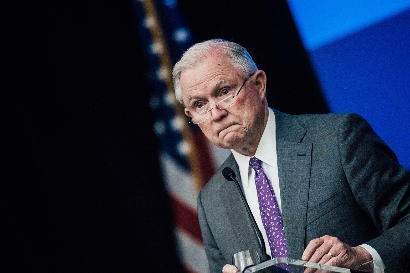 Attorney General Jeff Sessions looks as he addresses the National Sheriffs' Association in Washington on May 3.