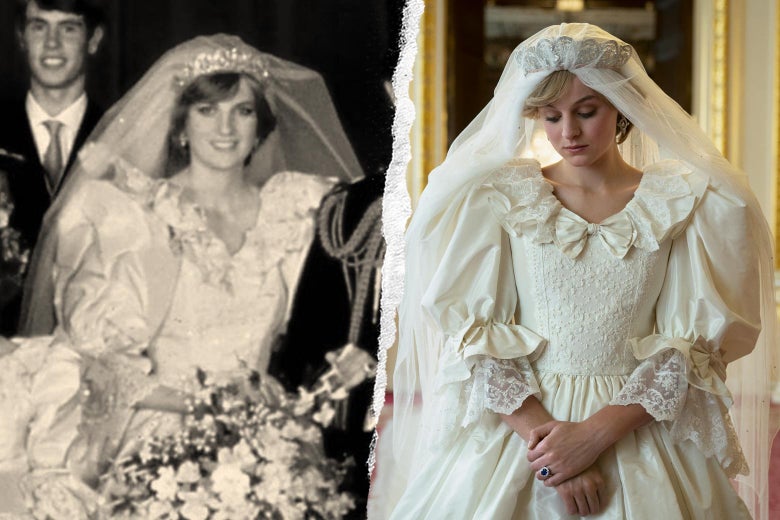 Princess Diana in her wedding dress, and Emma Corrin as Diana in The Crown