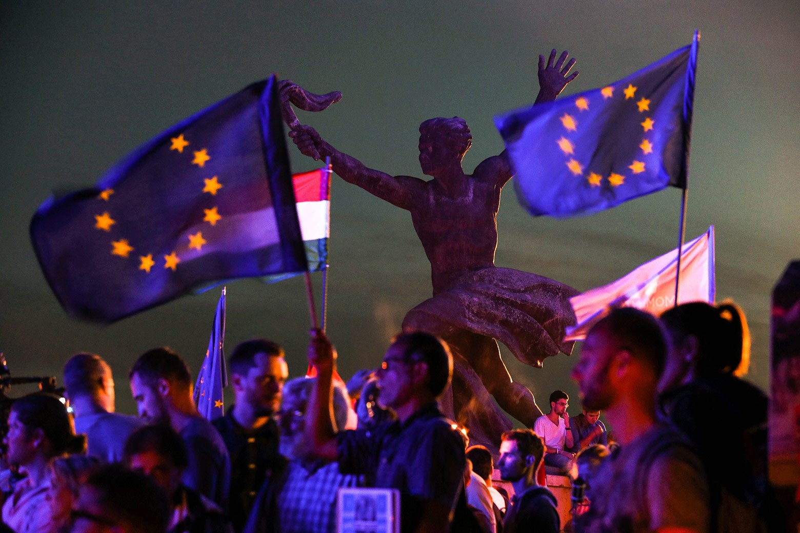 Protesters hold up EU flags.