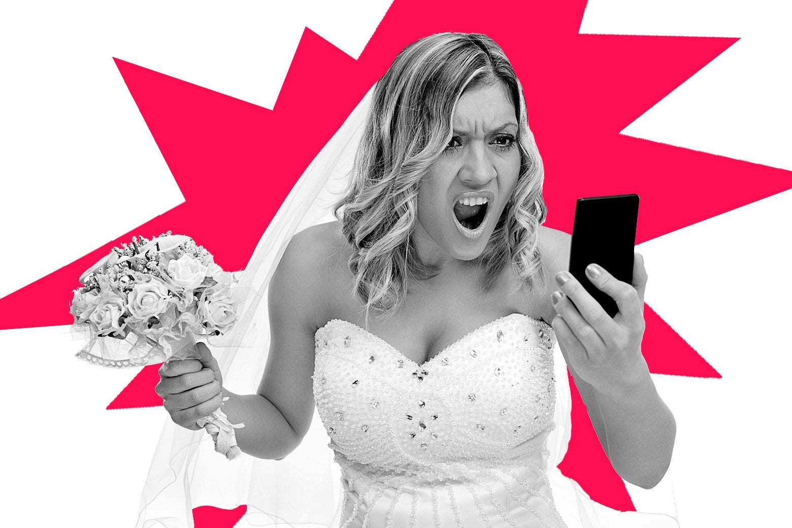 
A bride screaming into her smartphone.