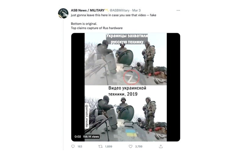 A tweet says "just gonna leave this here in case you see that video -- fake. Bottom is original. Top claims capture of Rus hardware." The images show soldiers around a tank; on the top image, there's a Z circled on the tank, and on the bottom there is a Ukrainian flag instead of a Z.