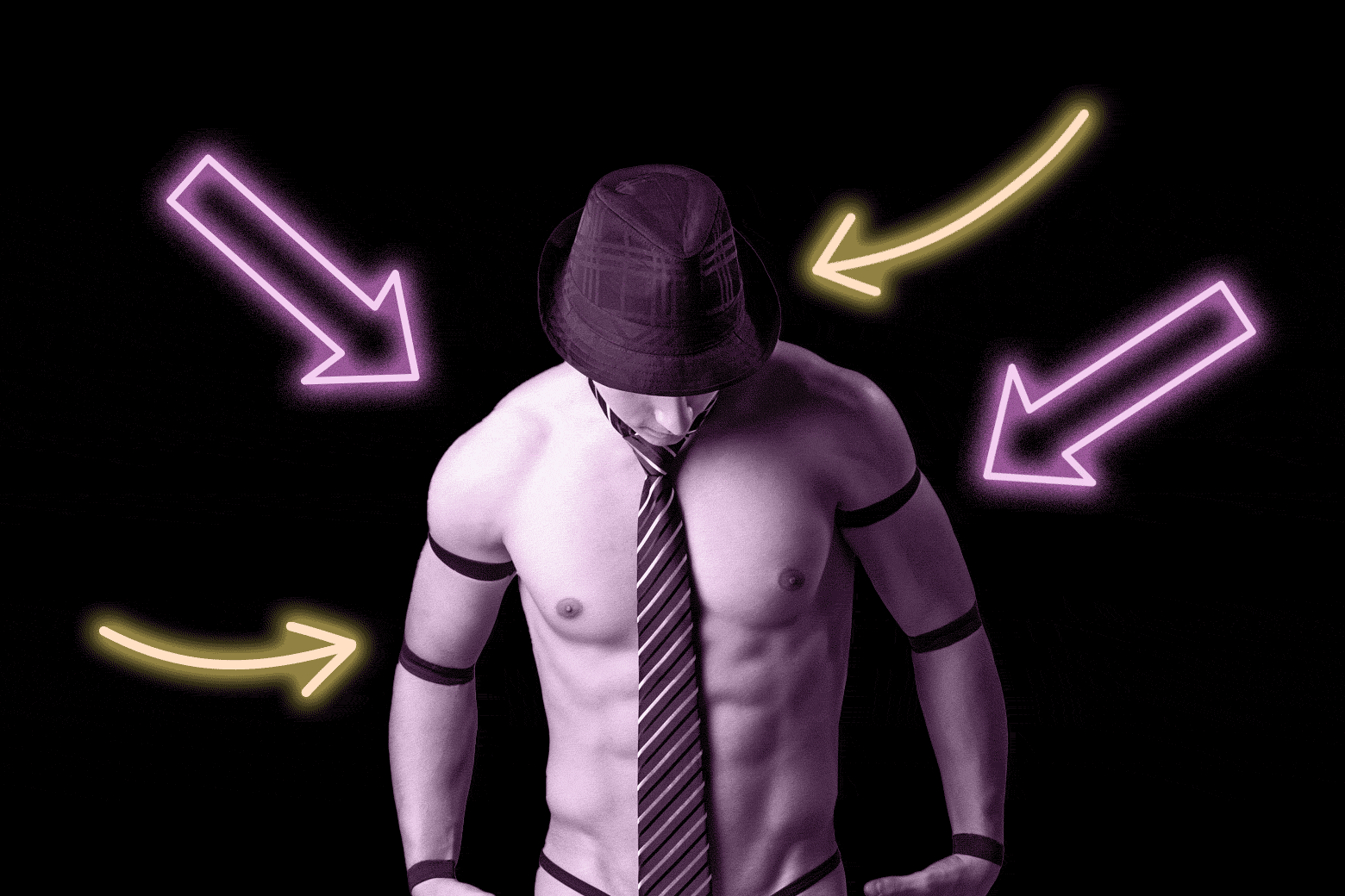 Male stripper wearing a fedora and tie. Several arrows point at him.
